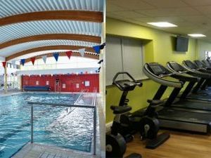 Two pictures of a the freedom leisure swimming pool and two treadmills