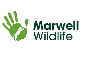 Marwell zoo logo. Marwell zoo in black writing and a green handprint next to it.