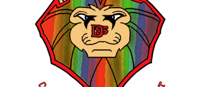 Defiant sports logo. A lion with a rainbow coloured Maine and defiant sport in red.