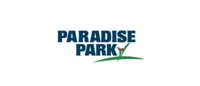 Paradise Park logo with blue writing and a flower