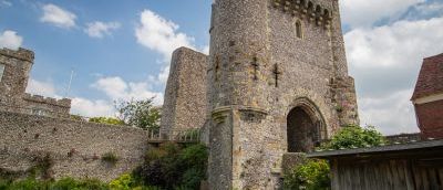 Image of Lewes Castle, grey bricks make the castle, this picture is taken of outside the building.