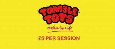 Tumble tots logo with yellow background and red writing underneath that says £5 per session