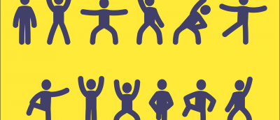 Yellow background with black figured stick men in variety of poses