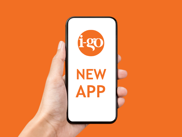 A hand holding a mobile phone display the new i-go app logo